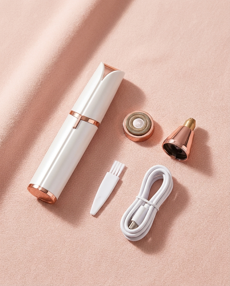 Elviria Beauty flat-lay med precisionshuvud, bredare huvud, USB-C-kabel och rengöringsborste