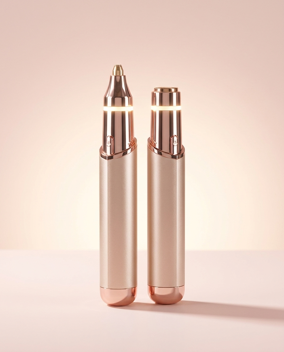 Elviria Beauty 2-i-1 trimmer i champagne gold med roséguldsdetaljer, bägge huvuden